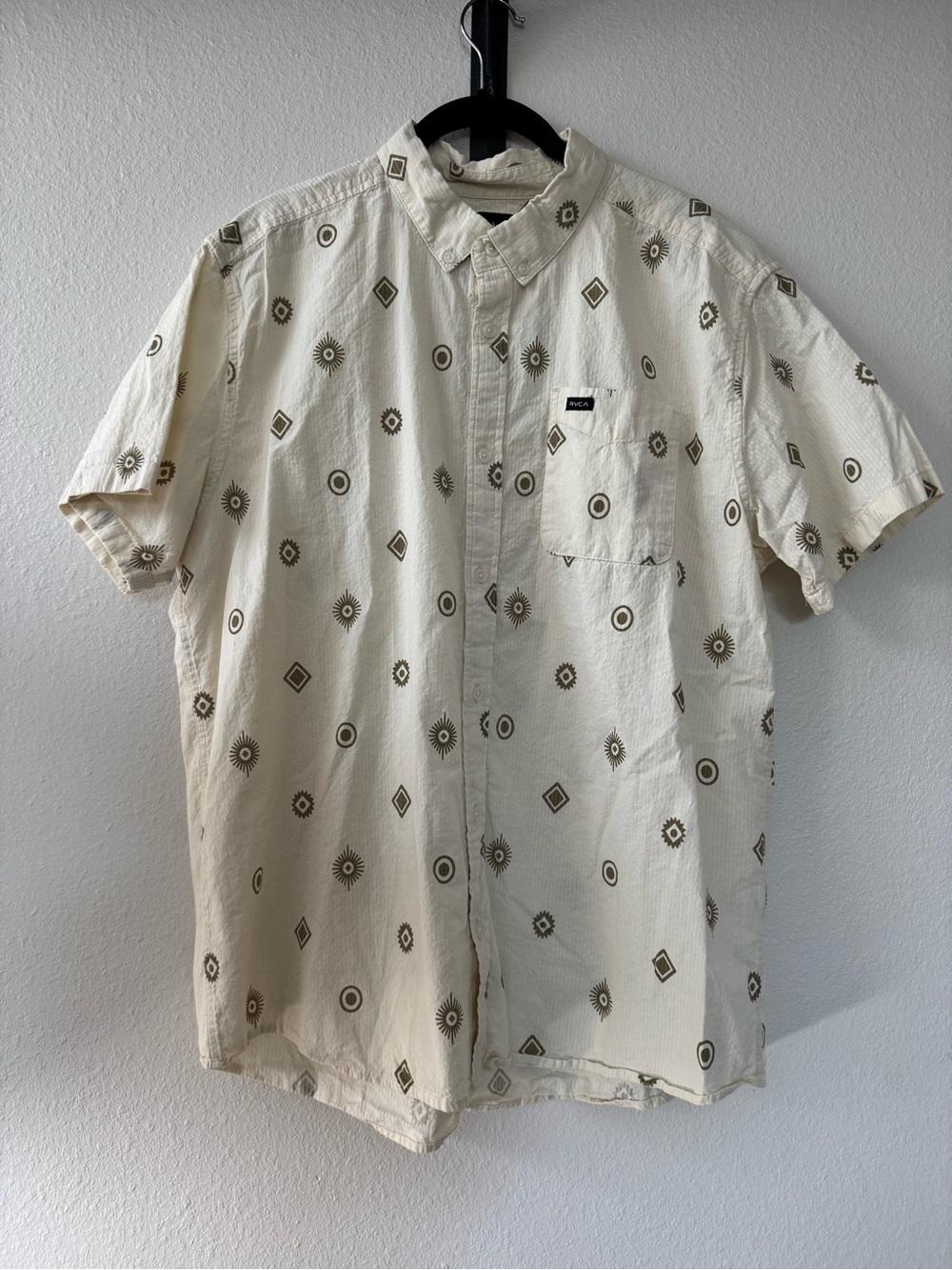 RVCA Cream Short Sleeve Button-Up with Brown Geometric Print